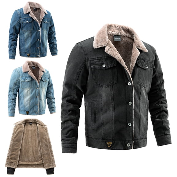 Afuyipoi Men's Fleece Lined Denim Jacket Winter Warm Sherpa Collared Mid-Length Coat Size M-3XL Light Blue Size L