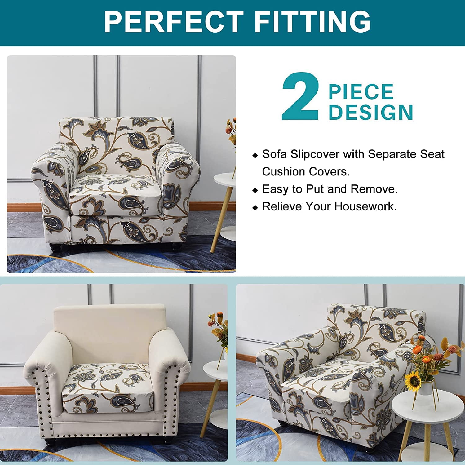 CHUNTIAN 2 Piece Chair Covers Printed Sofa Covers Couch Covers Washable Armchair Sofa Couch Slipcover Furniture Protector with Elastic Bottom for Living Room (Armchair, 20), Small