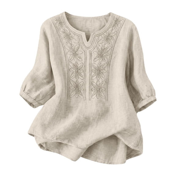BODOAO Cotton Linen Blouses for Women 3/4 Sleeve Embroidered Tops Solid Color Shirt Bohemian Tops Beach Casual Summer Tops for Vacation Work Blouses Mexican Shirt Pullover Shirt Tunic Fall Tops L