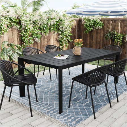 JERFIT 7-Piece Outdoor Dining Set with Table and 6 Stackable Chairs, All-Weather Patio Furniture for Garden, Balcony, Black