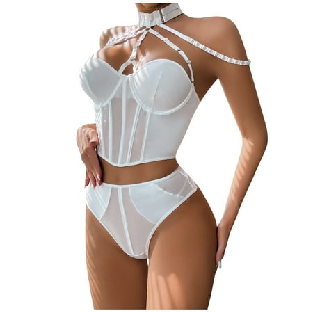2 Piece Underwear Set for Ladies See-through Mesh Lingerie Sets Womens Cage Halter Corset and Sheer Thongs Erotic Outfits Sleepwear Sale