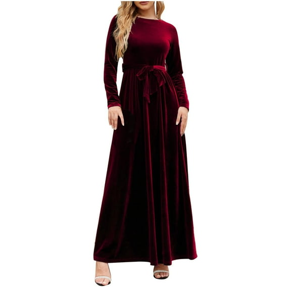 Women's Maxi Evening Velvet Dress Solid Color Round Neck Spring Elegant Casual Pleated High Waist Bandage Trendy Clearance Long Sleeve Red S