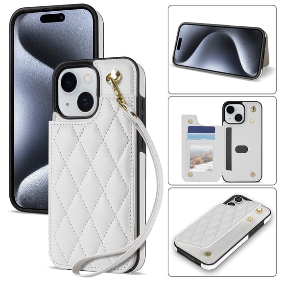 Allytechgroup Flip Wallet Case for iPhone 14 Plus with Cards Holder, PU Leather Phone Case with Lanyard Kickstand Shockproof Back Cover for iPhone 14 Plus, White
