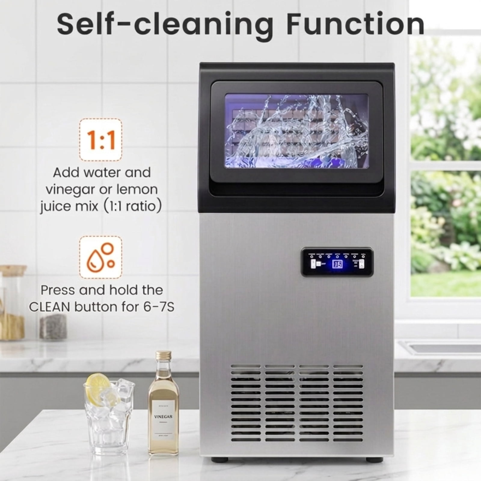 RUIE Stainless Steel Commercial Ice Maker 110 lbs/24H, Countertop Freestanding Ice Machine with 25 lbs Storage Bin for Home Bar Office Restaurant