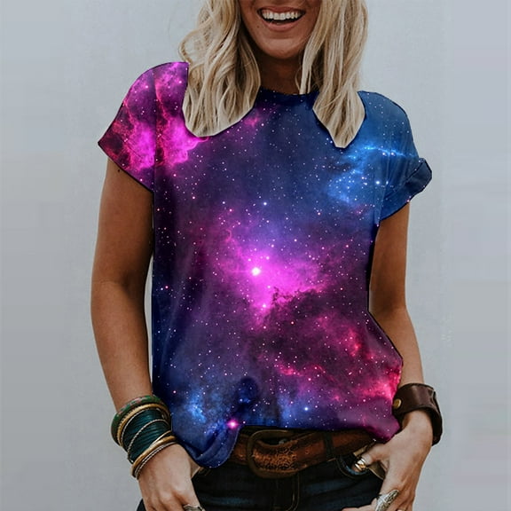 Aobny Comfy Women's Streetwear T-Shirt Flowy Clothes Crew Neck Stars Short Sleeve Clothes for Junior