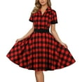 thumbnail image 2 of Letdown Women's Vintage Tea Dress, Short Sleeve V-Neck Button Up Party Dress Christmas Plaid Dresses Work Casual Dress (Red, L), 2 of 9