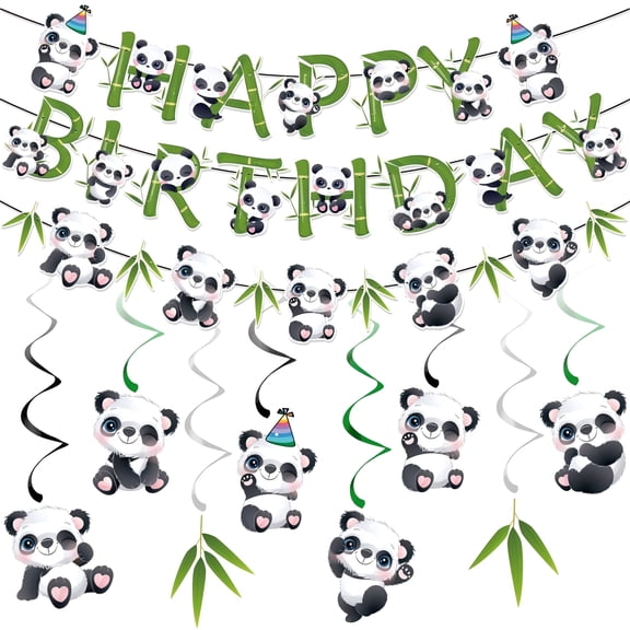 Pandas Happy Birthday Party Decoration Green Black White Bamboo Leaves Sign Banner Hanging Paper Garland Bunting for Birthday party