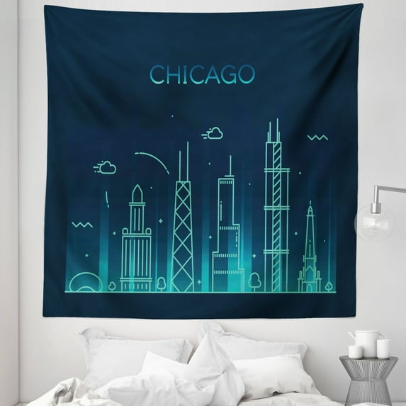 Chicago Skyline Tapestry, Blue American Town Panorama City Contemporary Illustration, Fabric Wall Hanging Decor for Bedroom Living Room Dorm, 5 Sizes, Dark Blue and Turquoise, by Ambesonne