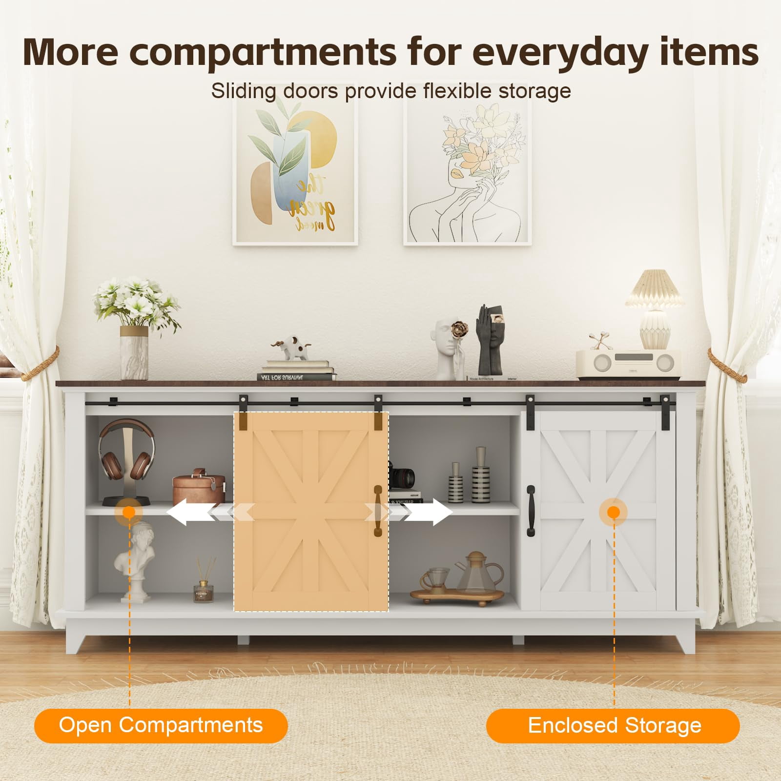 Accreate 66" Large Farmhouse TV Stand for TVs up to 75 Inches, Rustic Wood Entertainment Center with Barn Doors, Storage Cabinet, Adjustable Shelf, Charging Ports, Cable Management for Living Room