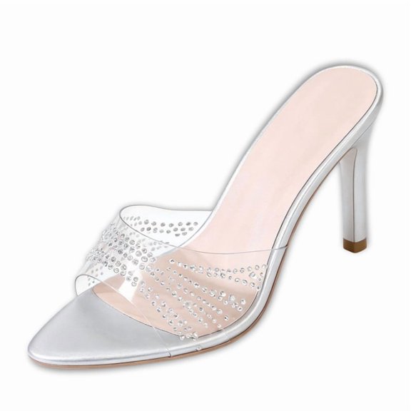 CHICVOMEY High Heels for Women Pointed Toe 2.76in Stiletto Sexy Clear Transparent Strap Rhinestone Dress Sandals Formal Occasion Banquet Stage