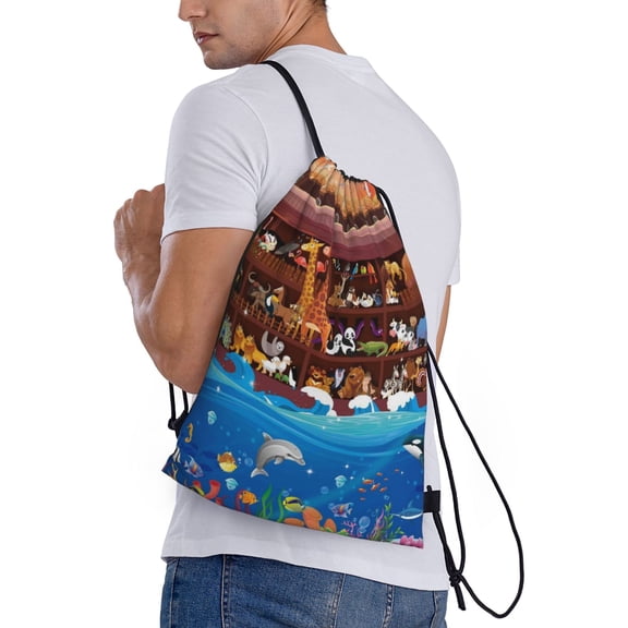 Ratiio Animals On Noah's Ark2 Print Drawstring Backpack Bag Sport Gym Sackpack Heavy Duty String Backpack for Men Women