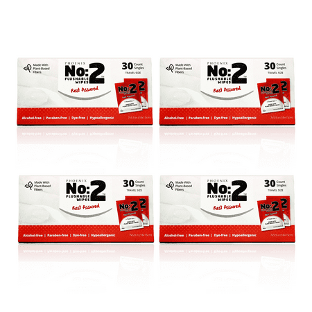 Number 2 Flushable Wipes, Travel Friendly, Individually Wrapped, Plant Based Fibers, Biodegradable, with Aloe and Cucumber, Unscented, 120 Wipes 4-Pack