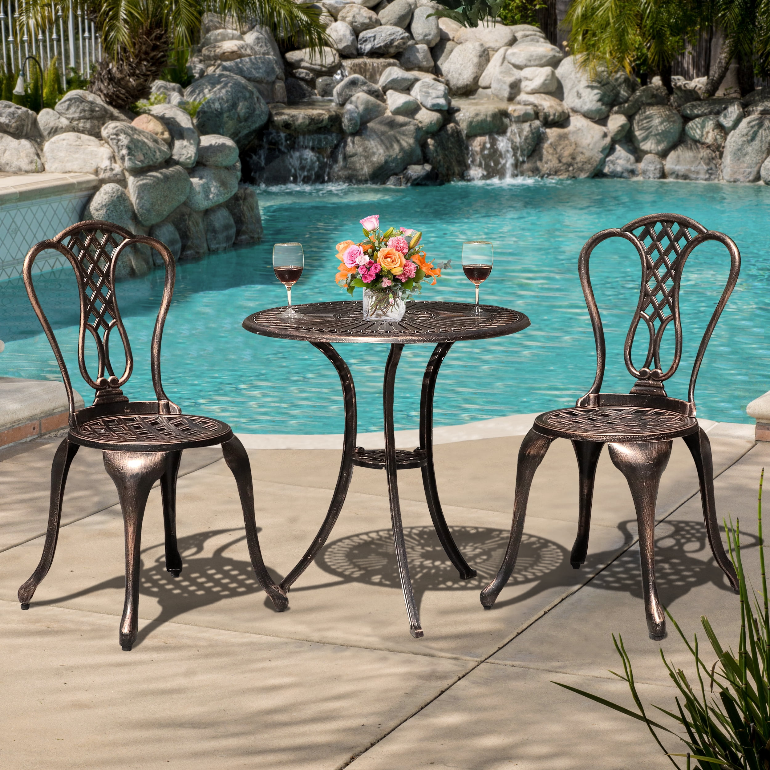 Bonnlo 3 Piece Bistro Set with Ice Bucket Antique Outdoor Patio Furniture Weather Resistant Garden Aluminum Table and Chairs for Backyard Pool 