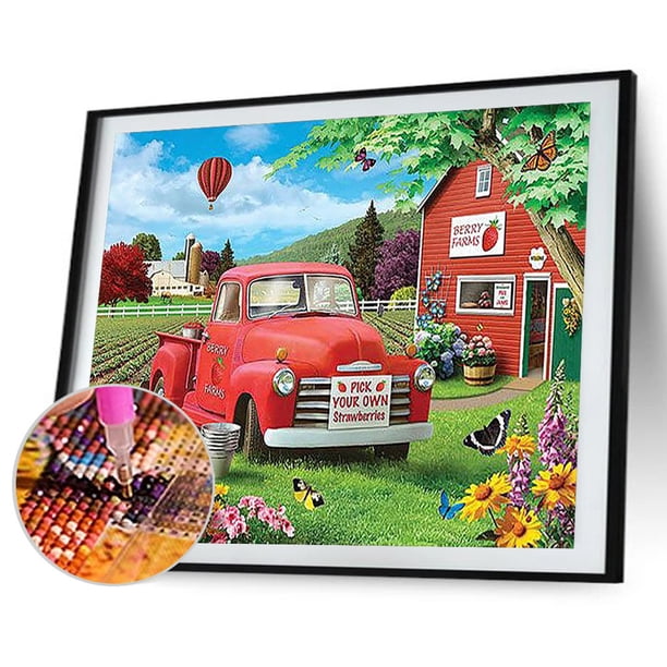 Cuadros Decorativos Kit de pintura de diamante 5D Casa roja y coche Taladro redondo completo Rhinestone DIY Artesanía Tmvgtek embutido en tela