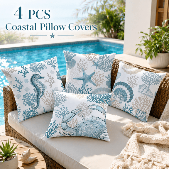 MORAVE 18x18 Set of 4 Coastal Beach Summer Waterproof Throw Pillow Covers, Ocean Nautical Cushion Cases for Sunbrella Patio Furniture Bench Couch Outdoor Use