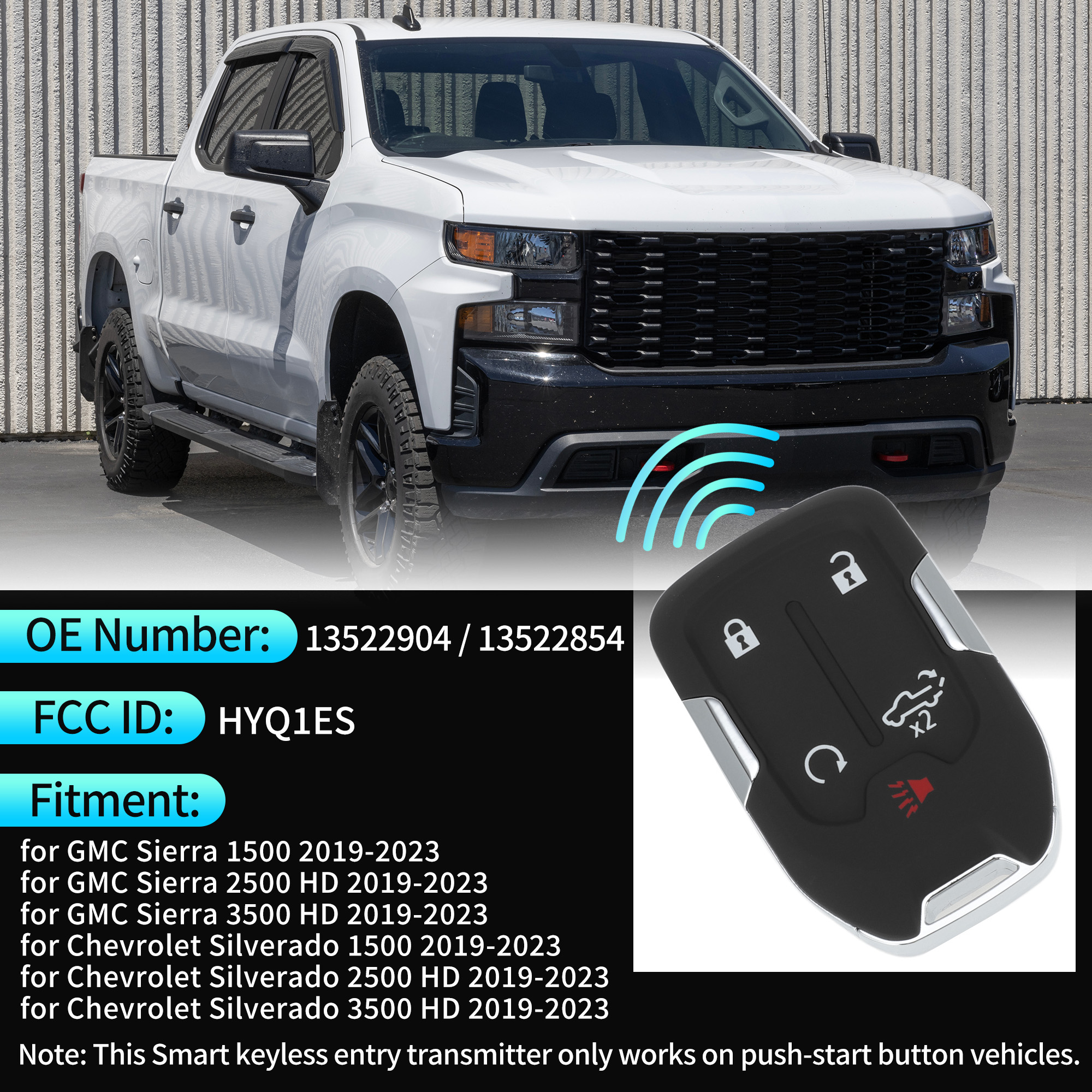 HYQ1ES 433 MHz Replacement Keyless Entry Remote Smart Key Fob for Chevrolet Silverado for GMC Sierra 1500 2500 3500 HD 2019 2020 2021 2023 13522904 13522854 5 Buttons
