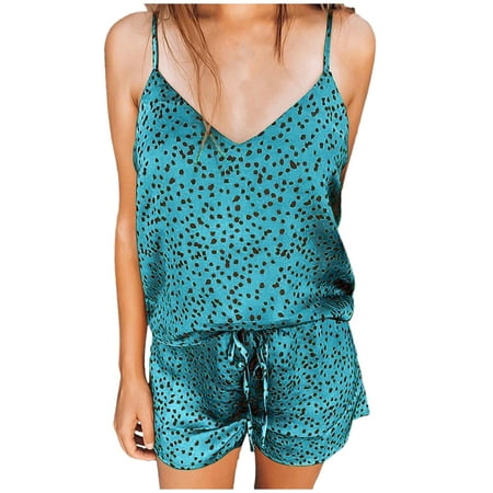 

XIAOFFENN Pajama Sets For Women Women s Leopard Print Suspender V-neck Sleepwear Nightdress Two-piece Set 4 Blue