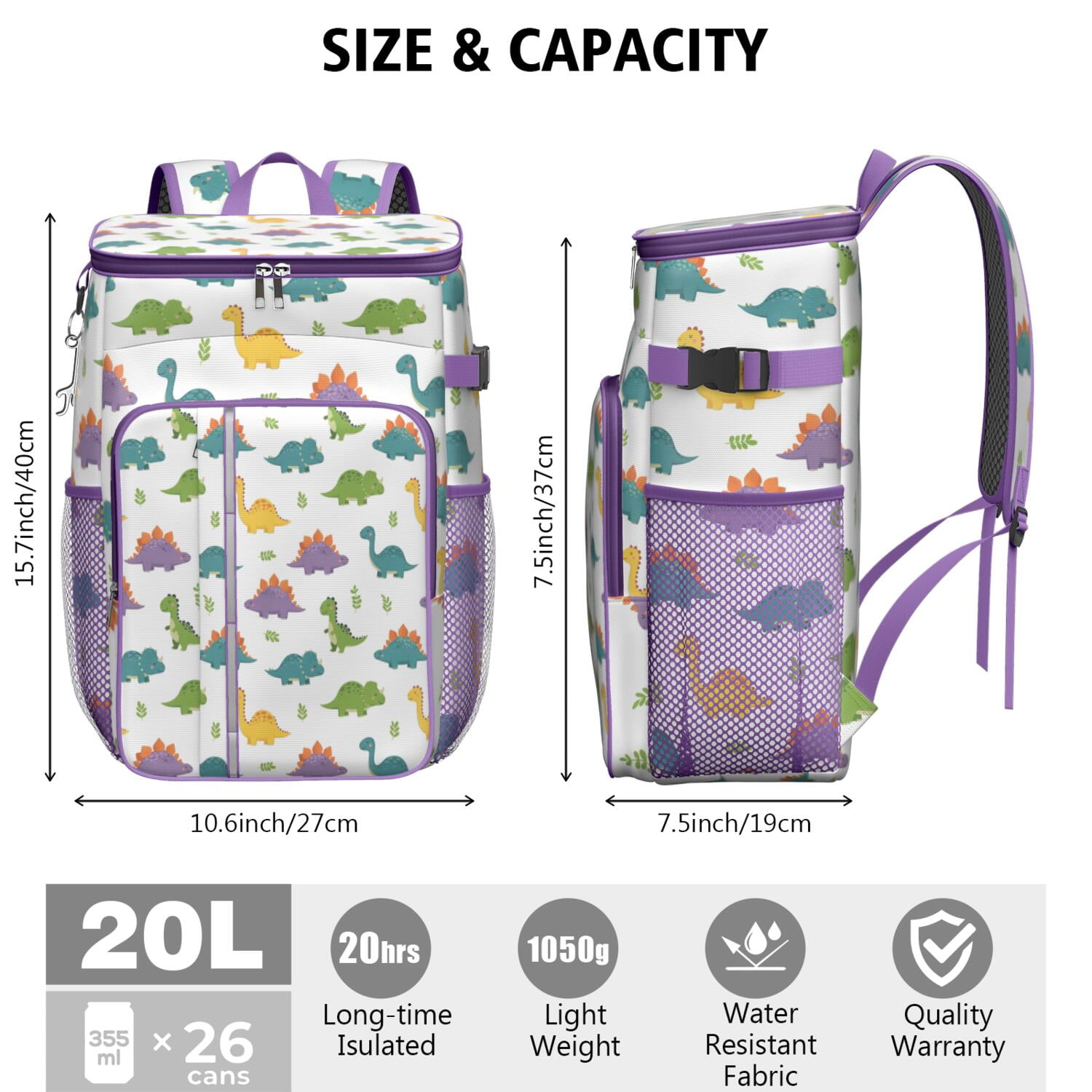 Travel Cooler Bag - White Cartoon Dinosaurs Leaves Pattern Camping Beer Cooler Backpack with Bottle Opener- Waterproof Insulated Picnic Backpacks - Cooler Bag for Beach