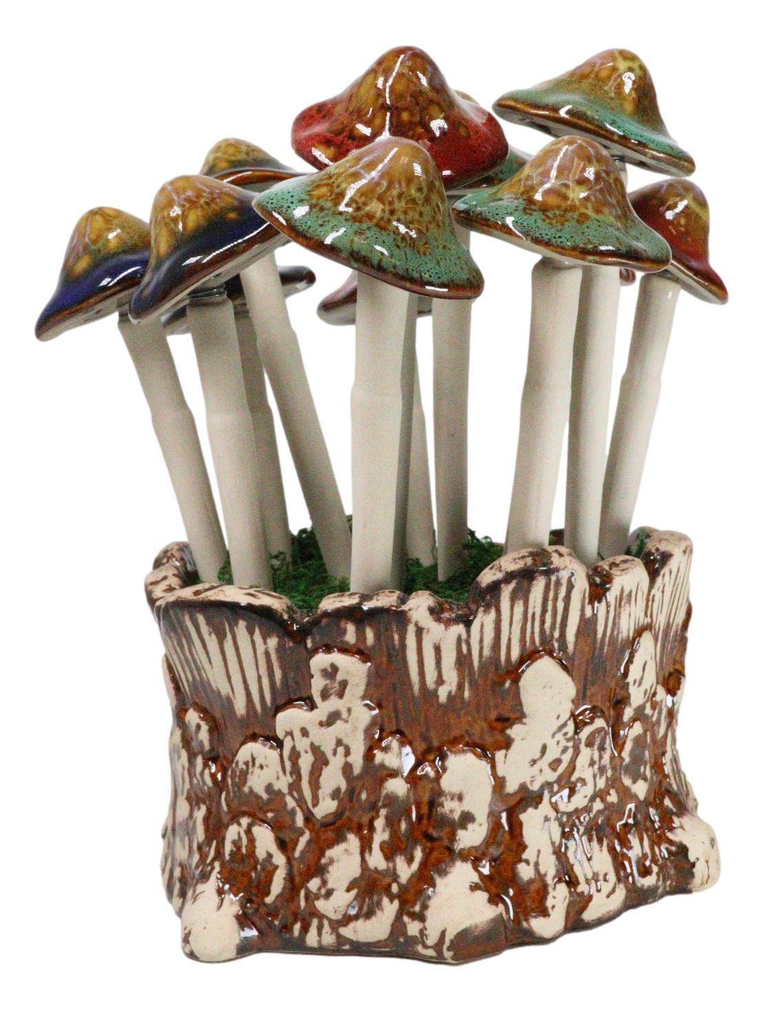 Fairy Garden Colorful 12 Piece Ceramic Mushroom Picks With Planter Holder Set