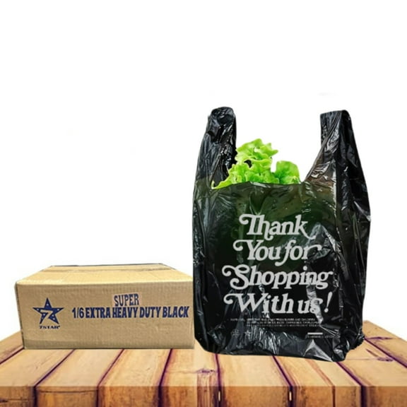 7STAR 1/8 Size Thank You Bags Black, 10" x 5" x 18", 16 Micron, 1000 Pack, High-Density Plastic Shopping Bags for Grocery Stores, Retail Shops, Food Service
