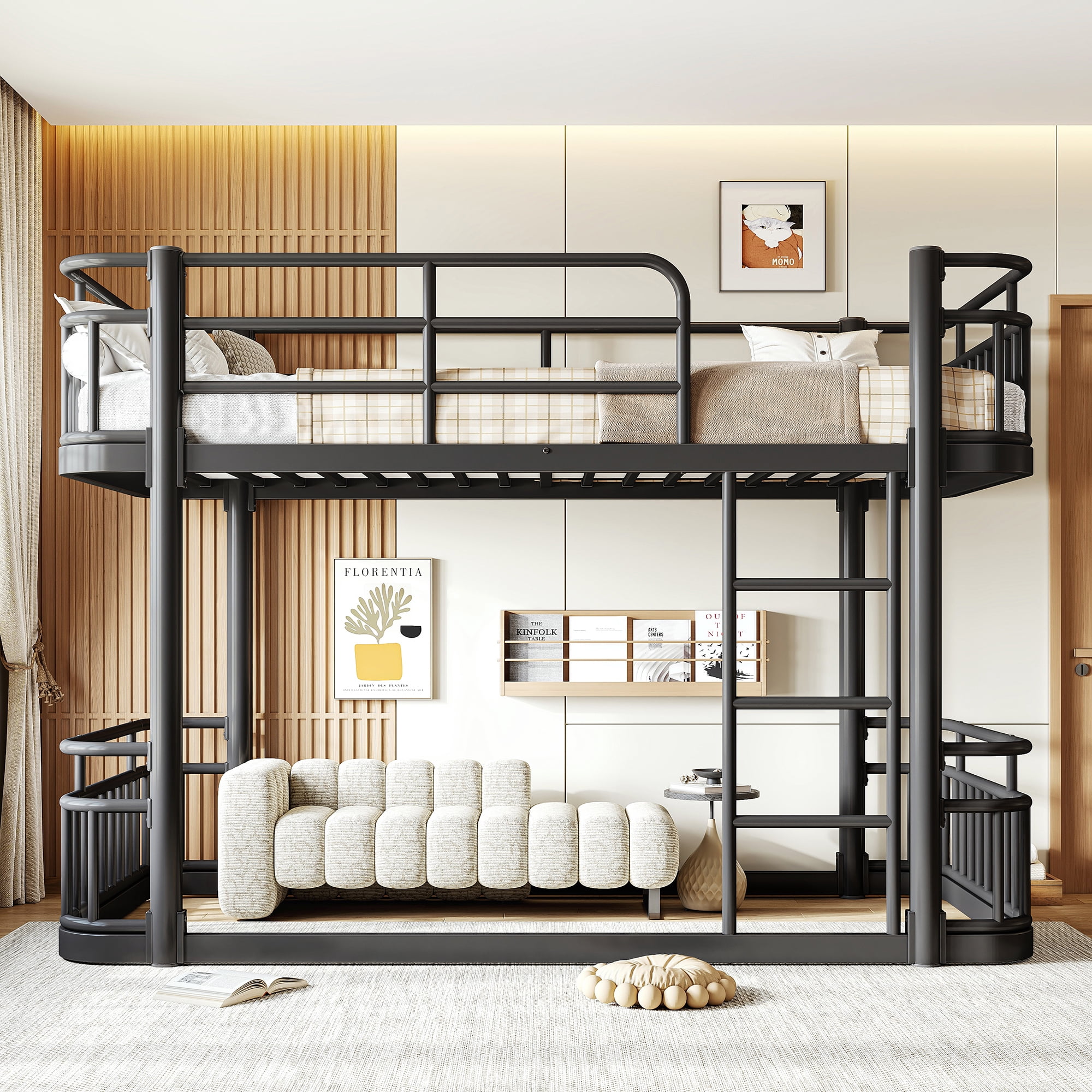 Leumius Twin over Twin Bunk Bed Frame with Ladders & Guardrails, Upgraded Round-Pipe Metal Frame, Stylish & Versatile for Any Room,Black