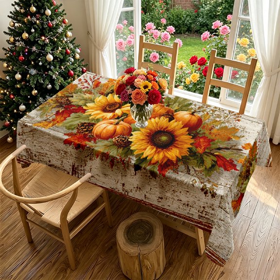 Distressed Fall Christmas 2D Print Rectangular Tablecloth, Sunflower Pumpkin Pattern Table Cover, for Kitchen Patio Holiday Gatherings, Great Christmas Gift for Home Decor Enthusiasts