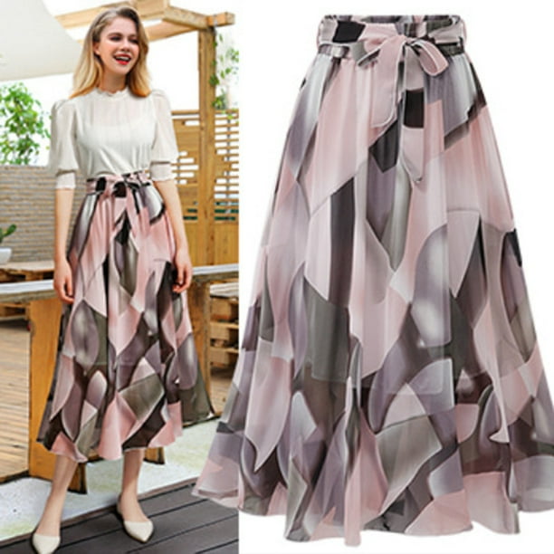 SMihono Skirt Summer Plus Size Boho Womens Plain Knee Length Ladies Soft Stretch Flared Printed Skater Midi Skirtss for Women Casual Summer Up to 65