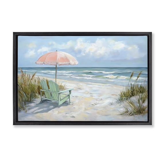 Stupell Industries Seaside Chair & Pink Umbrella Black Framed Floater Canvas Wall Art, design by Creative Studio