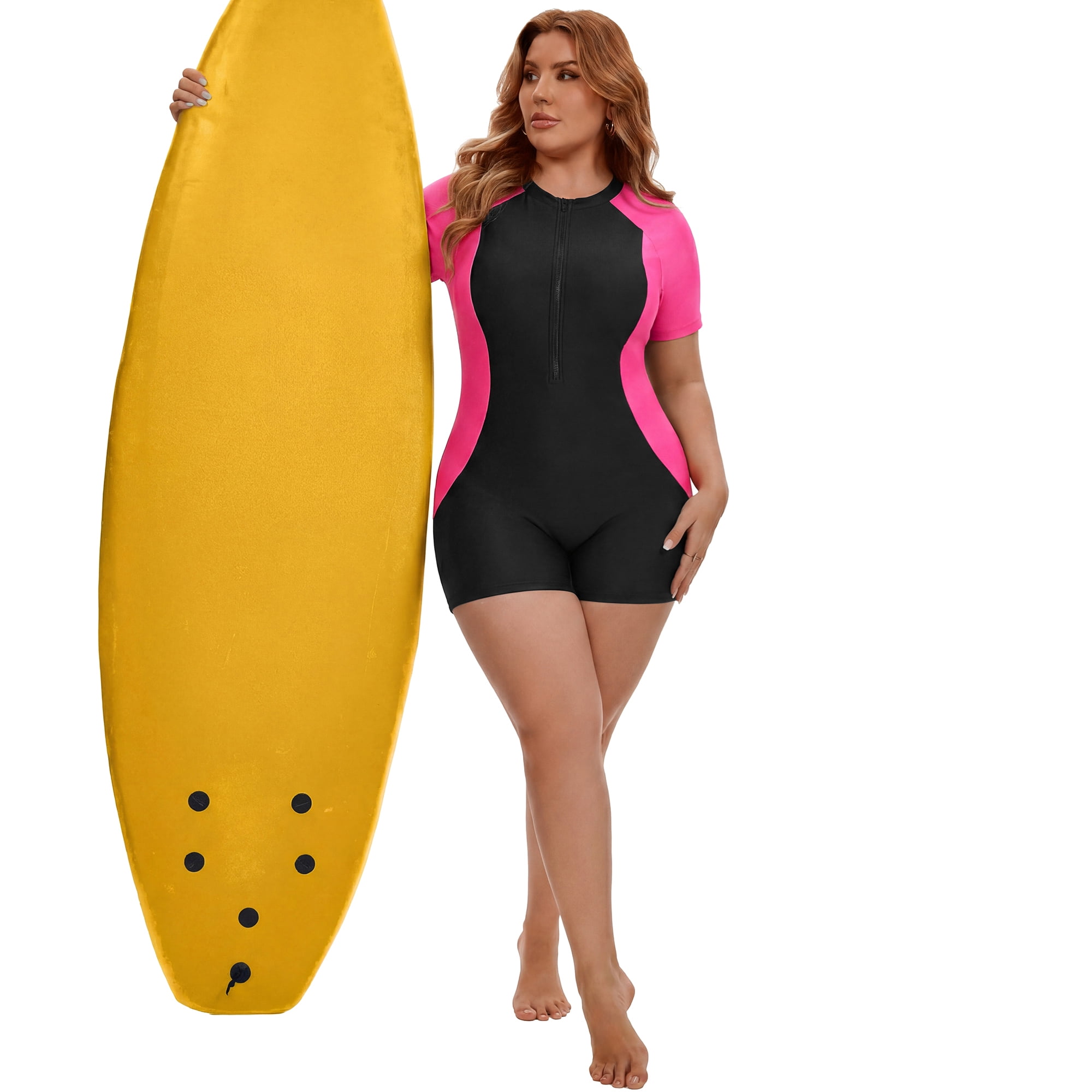 DARING DIVA Women's Plus 1 Piece Zip Front Short Sleeve Swimsuit 2X Black Pick