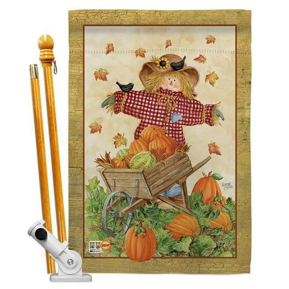 Breeze Decor BD-HA-HS-113043-IP-BO-D-US12-AM 28 x 40 in. Scarecrow Fall Harvest & Autumn Impressions Decorative Vertical Double Sided House Flag Set with Pole Bracket Hardware