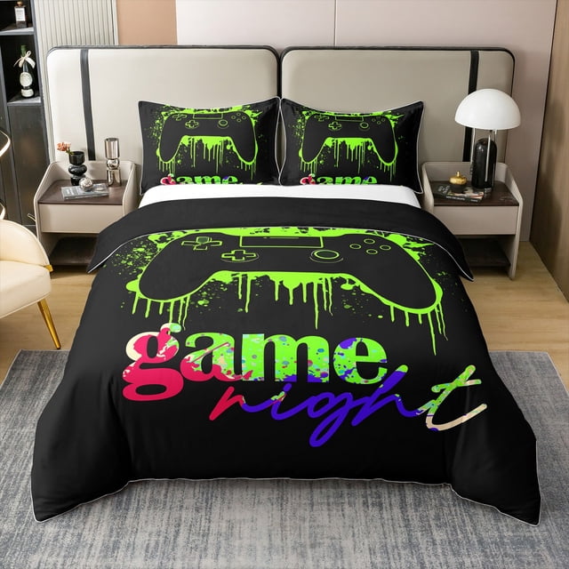 Literie de Jeu Moderne 100 % Coton pour Garçon Adolescent Taille Simple, Housse de Couette Réversible Douce et Confortable, Housse de Couette de Jeux Vidéo, Ensemble de Lit Doux et Respirant pour Joueur, Vert Noir (Sans Couette)