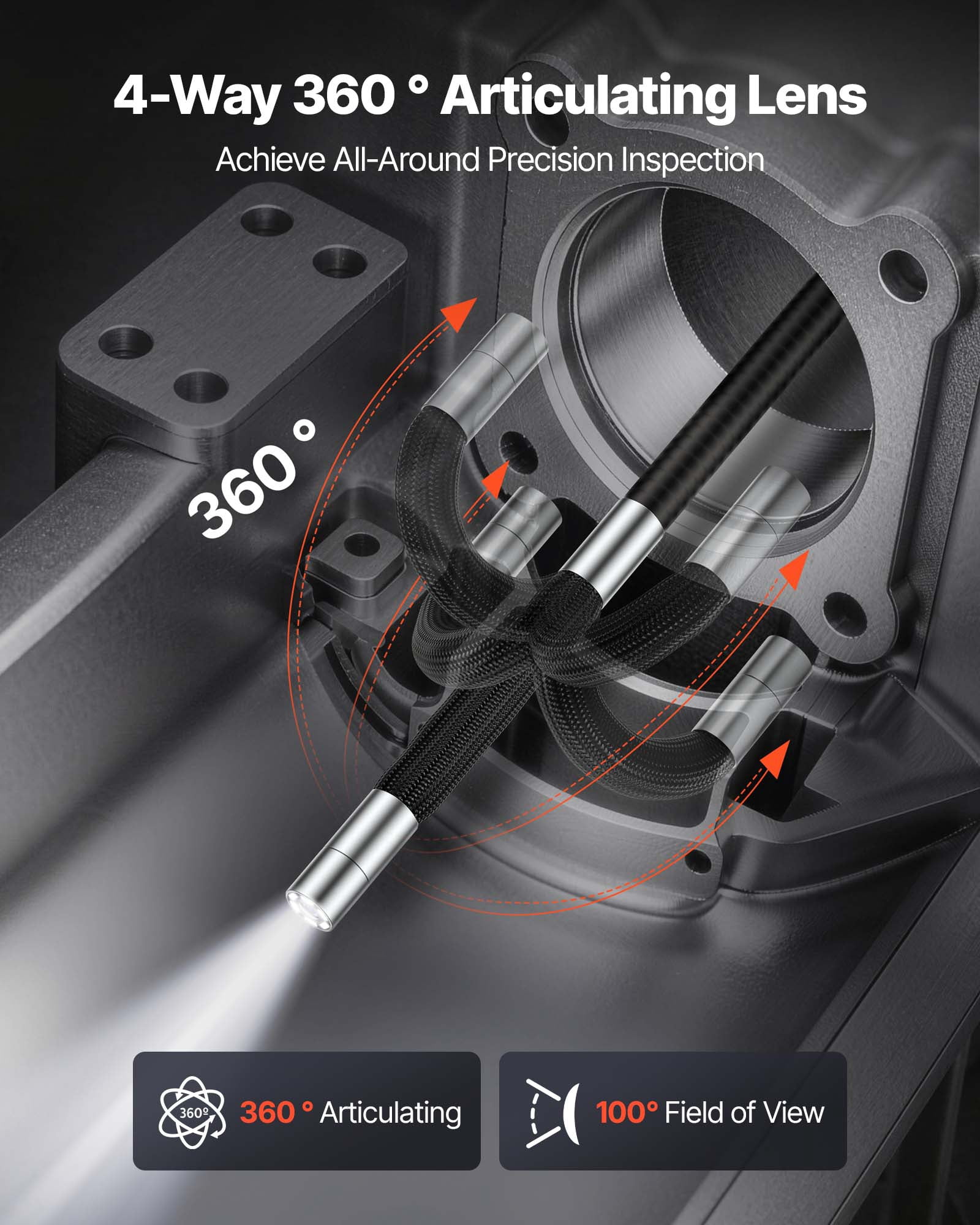 VEVOR 4-Way Articulating Endoscope with Light, True 1080P HD Industrial Borescope Inspection Camera with Articulated Probe, Flexible Snake Scope Cam for Wall Automotive Engine Inspect-4.9FT