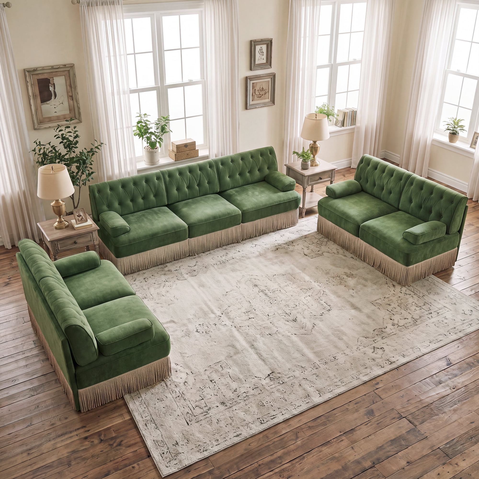 3‑Piece Sectional Sofa Set, 2 Pcs Loveseat & 1 Pcs 106" 3‑Seater Sofa Couch Set with Tassel Skirt