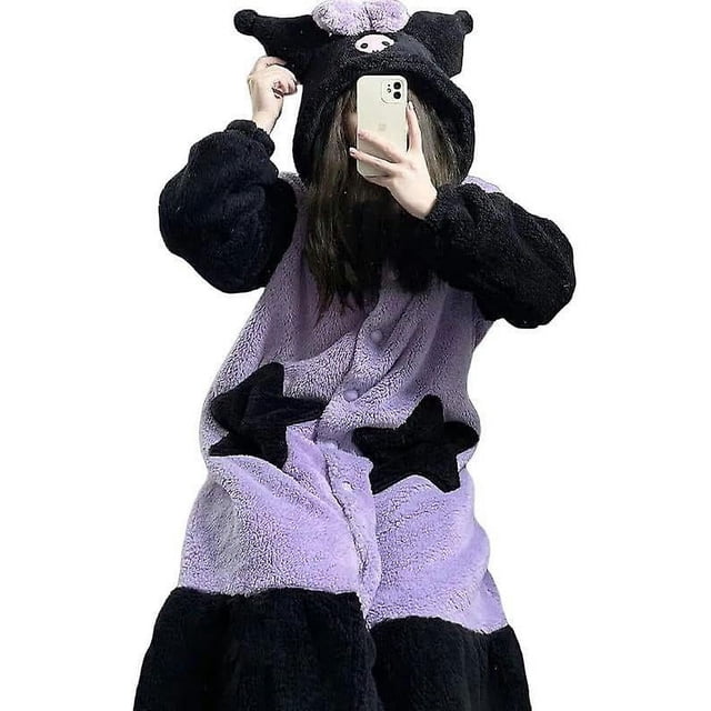 Piece Pajamas Kawaii Plush Lounge Wear Women's Pajamas Robe Hooded Cute Pajamas Plush Long Pajamas Gift L