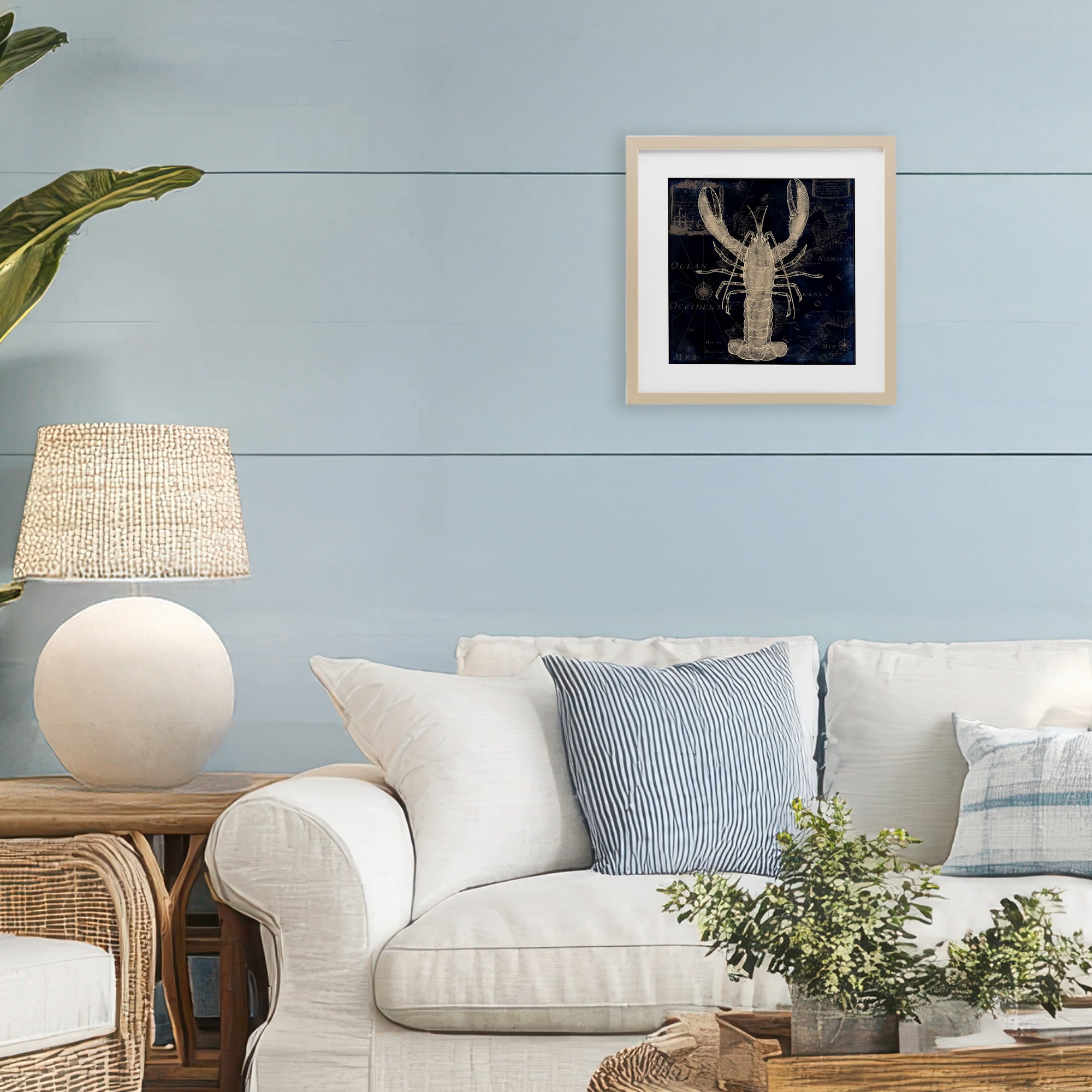 Lobster Contour over Map Birch Framed Print Under Glass, design by Sasha
