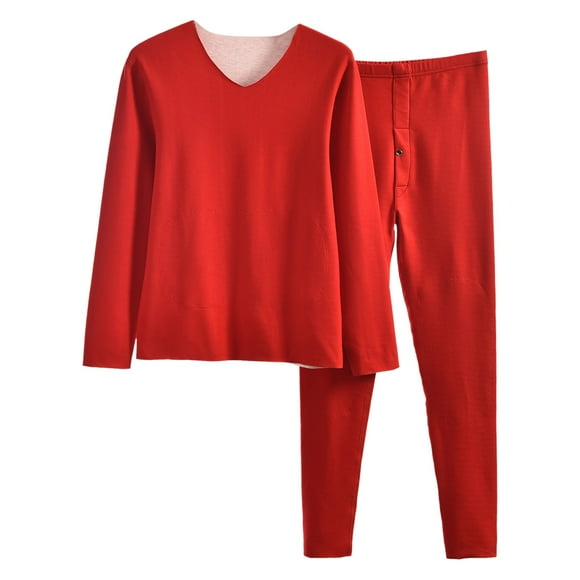 HBFAGFB Mens Thermal Underwear Set V Neck Thickened Bottoming Shirt Plush Pajama Pants Red Size 2XL