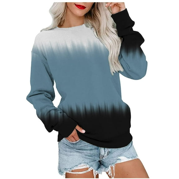 tklpehg Women Long Sleeve Sweatshirt Comfy Loose Blouse Leisure Lightweight Spring Shirts Long Sleeve Tops Crewneck Sweatshirts Gradient Print Tops Graphic Sweatshirts Navy L