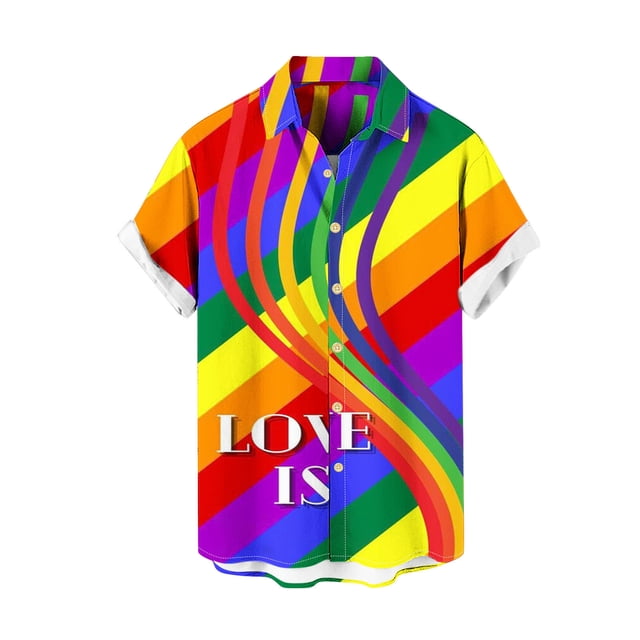 Jgppe Men's Short Sleeve Shirts Rainbow Printed Button down Lapel Summer Blouses Tees Top