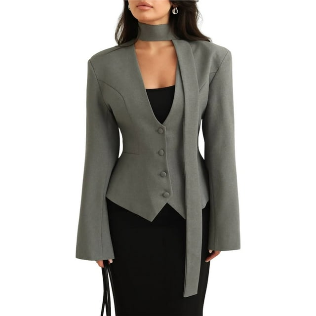 Blazer de Larga con Cuello en V para Mujer, Estilo Blazer, Ideal para el Trabajo o para Ocasiones Formales e Informales. Corte Ajustado y Cinturón. Gris M