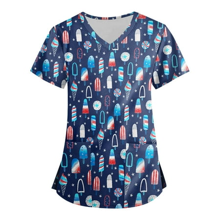 

XHJUN Scrub Tops Women Stretchy Print American Flag Scrub Nurse Top Shirts Short Sleeve Working Tops Workwear Comfy Shirt Blouses Clothing Navy M