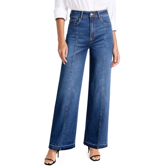 DOKOTOO Women's Wide Leg Jeans Trendy High Waist Center-Seam Straight Leg Baggy Loose Boyfriend Stretchy Denim Pants
