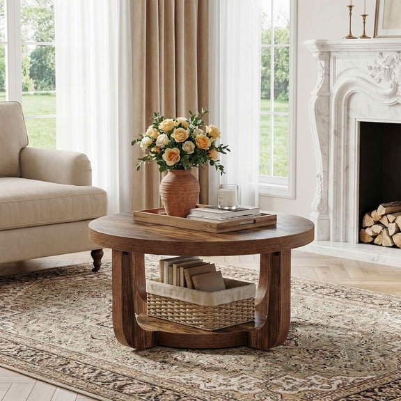 MAYEETY 31.5 Inch 2-Tier Round Coffee Table Modern Storage Living Room Table