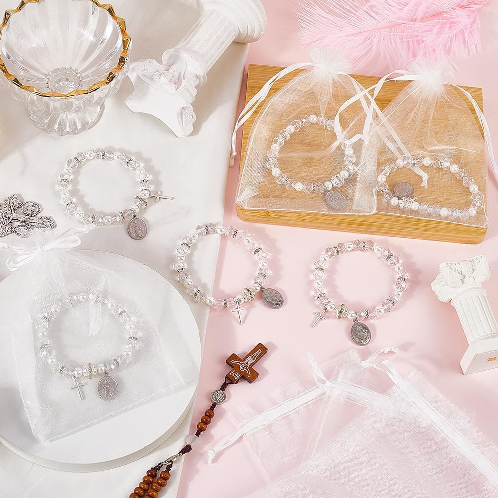 12 Sets Rosary Bracelet Bulk with Mesh Bags 8mm Clear Beaded Stretch Bracelet Baptism Favor Bracelets with Oval Charm
