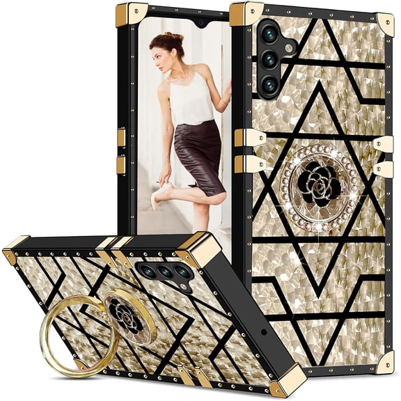 for Samsung Galaxy A24 4G Case for Women,Rivet Metal Corner Design Phone Case Cover with Bling Diamond Ring Suitable for Samsung Galaxy A24 4G 6.5" BF-Gold