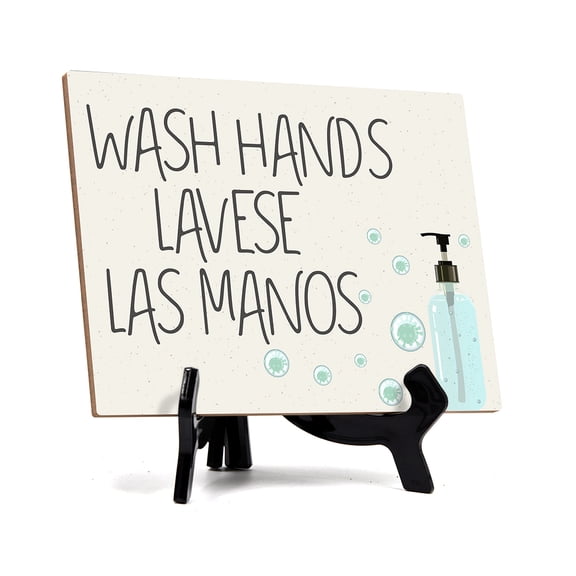 Signs ByLITA Wash Hands Lavese Las Manos, Hygiene Sign, 6" x 8" (White)