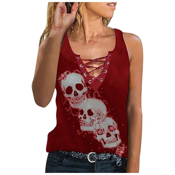 Camiseta Sin Mangas Para Mujer Tops Sin Mangas Blusa Casual Calavera Gráfico Cool Cordón Cuello en V Odeerbi ODB161628