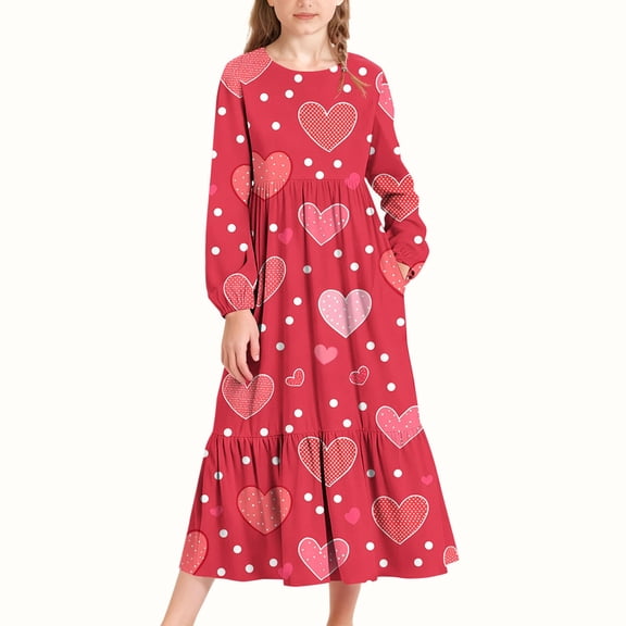 LJEFF Girls' for Valentine's Day Long-Sleeve Layered Dress, Soft Spring Fall Pockets Design Heart Prints Kids Casual Dresses Multicolor Size 5