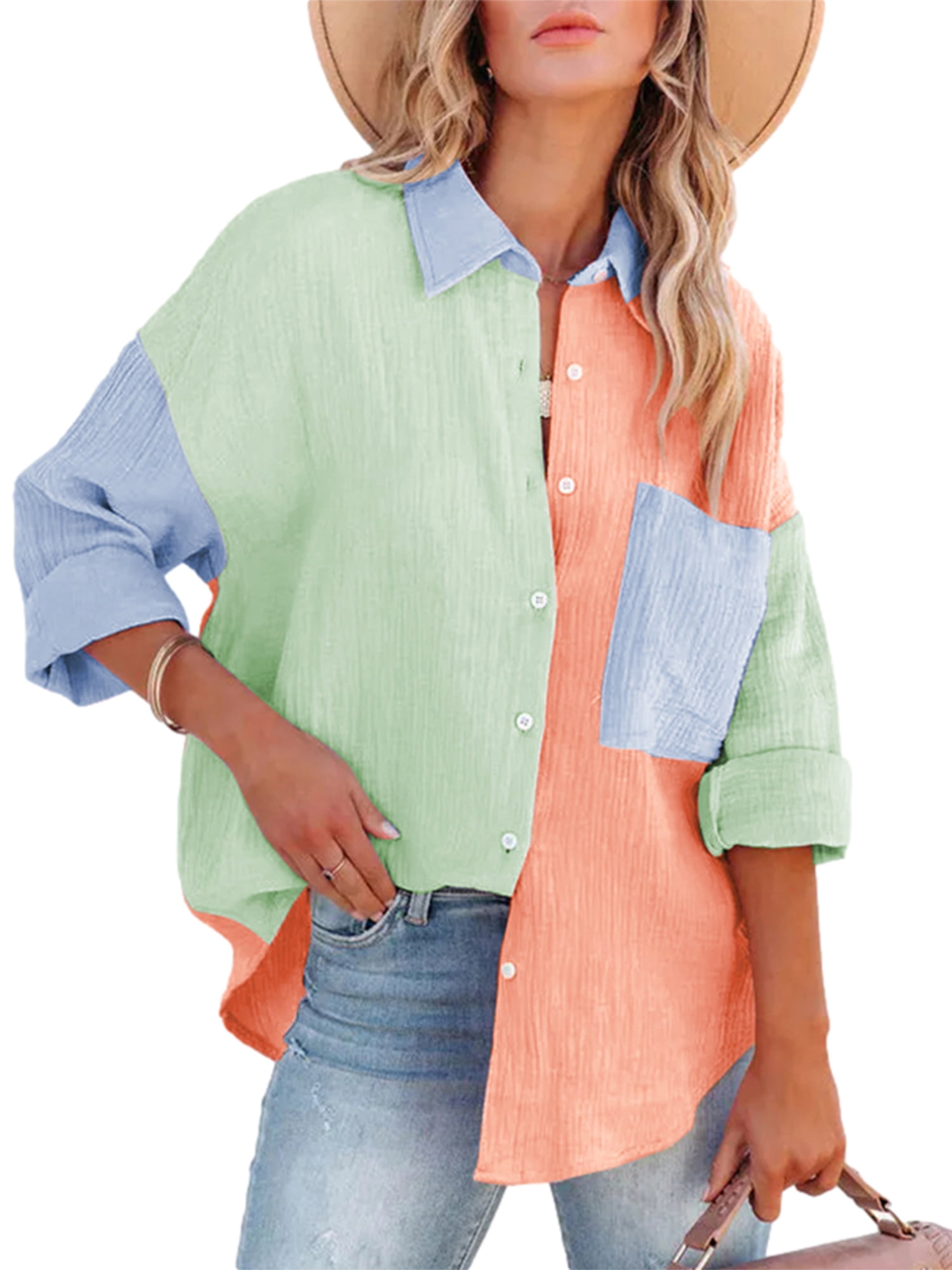 wybzd Women Button Down Shirts Oversized Long Sleeve Color Block