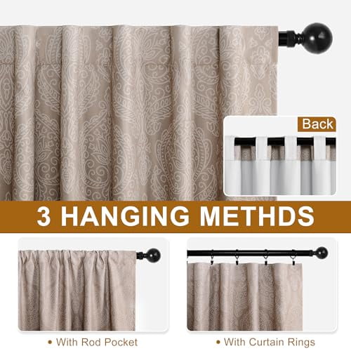 Hiasan Back Tab Ombre Blackout Curtains for Bedroom - 96 inches Length Elegant Damask Design Tieable Window Drapes Thermal Insulted Light Blocking Curtains for Living Room, 2 Panels, W52 x L96, Brown