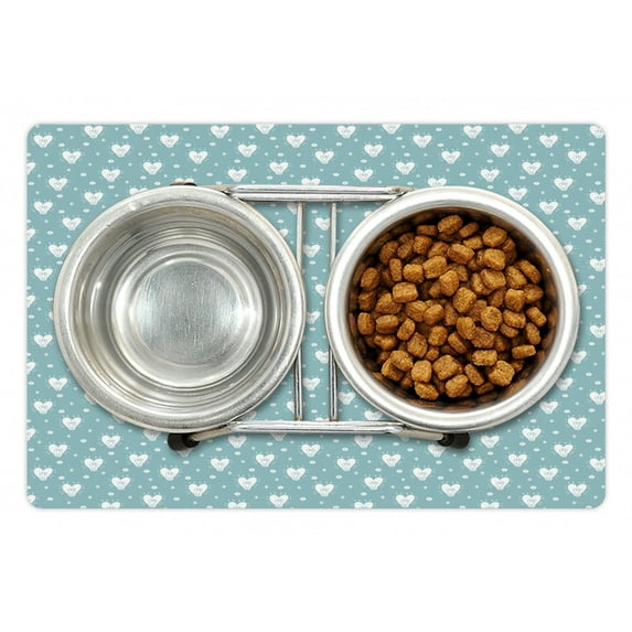 Scandinavian Pet Mat for Food and Water, Hearts Valentines Day Idea Illustration with Pastel Blue Background, Non-Slip Rubber Mat for Dogs and Cats, 18" X 12", by Ambesonne